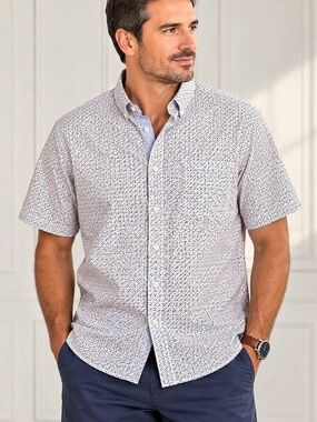 Johnston & Murphy Men's Geometric Button Down in White & Blue XL